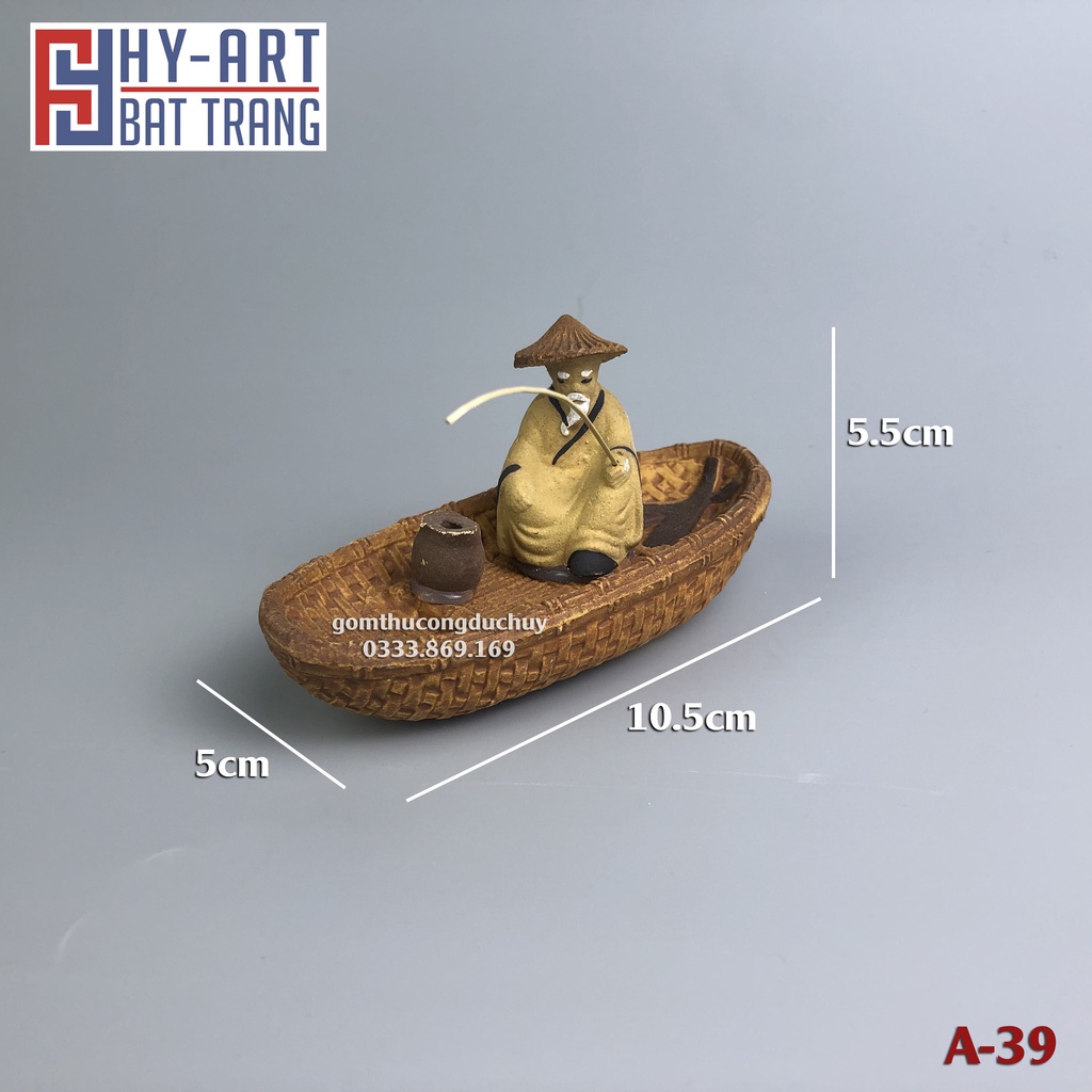 Tiểu cảnh hồ cá, bể cá cảnh, Tượng gốm ông lão ngồi thuyền trang trí hòn non bộ chậu cây bonsai