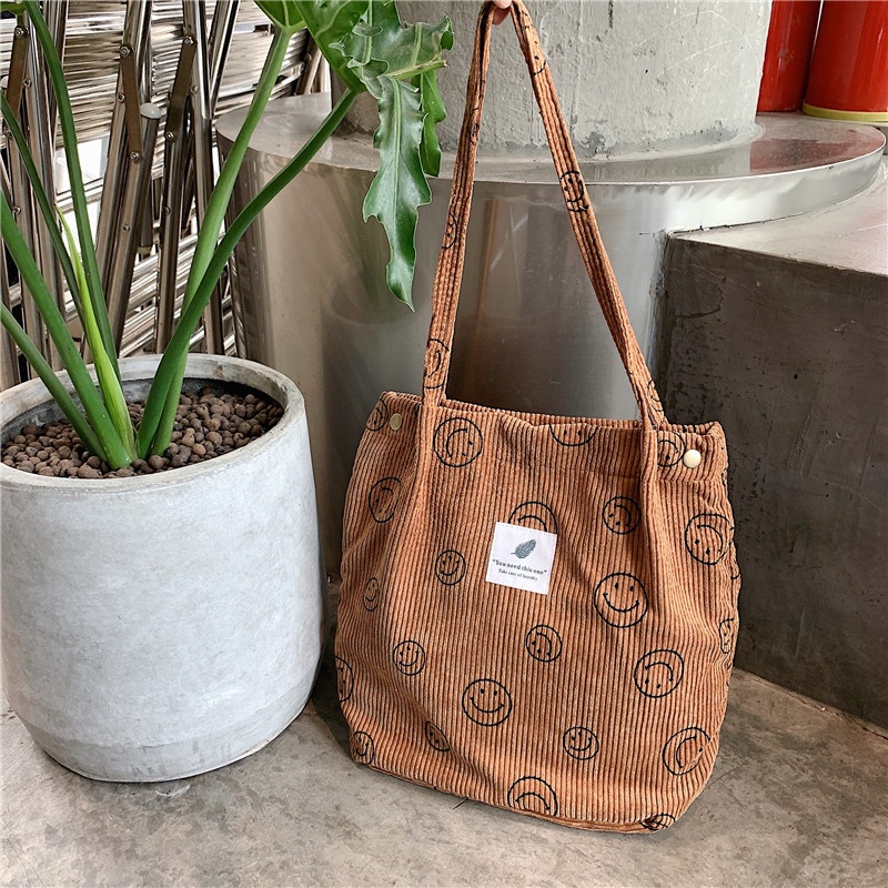 Túi Tote Vải Nhung Gân Tăm Mặt Cười 2 Lớp Kiểu Hàn