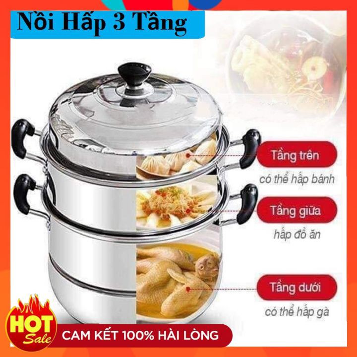 Nồi Hấp Xửng Hấp 3 Tầng Hấp Gà Xôi Bánh Bao Chất Liệu Inox Cao Cấp Size 28Cm Dùng Được Bếp Từ