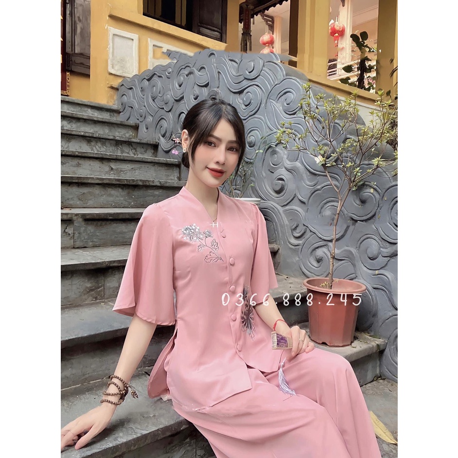 Đồ Lam Đi Chùa -Pháp Phục đi Lễ Nguyên Set Lụa Thêu Hoa Mẫu Đơn L16