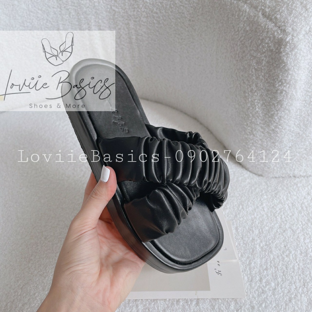 DÉP NỮ CAO CẤP LOVIIE BASICS - DÉP LÊ QUAI CHÉO NHÚM BÈO ĐẾ THẤP - GIÀY NỮ ĐẾ BẰNG QUAI THUN MŨI TRÒN 2P D200574 D220420