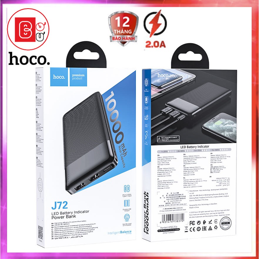 Sạc Dự Phòng Hoco J72 10.000mah CHÍNH HÃNG Có Tích Hợp Đèn Led -Bơ Bư