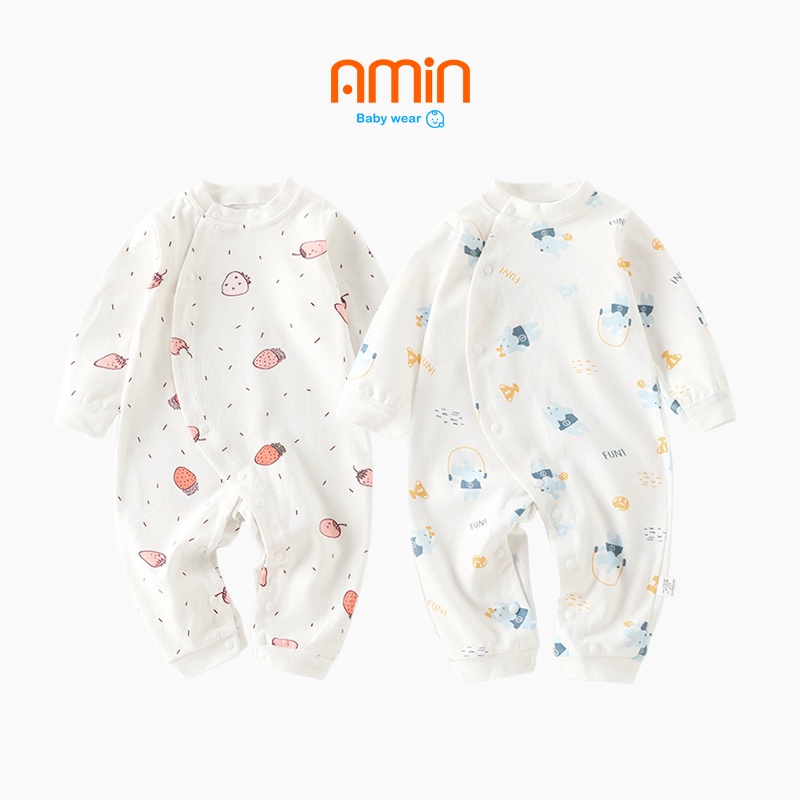 Bộ đồ bodysuit dài tay liền thân cho bé trai bé gái sơ sinh dưới 6 tháng tuổi cotton 100% họa tiết dâu và gấu