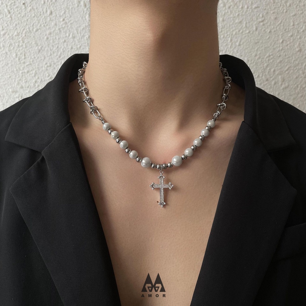 Vòng cổ Ngọc Trai Phản Quang Sang Trọng Mặt Thánh Giá Phụ Kiện Thời Trang Cho Cặp Đôi