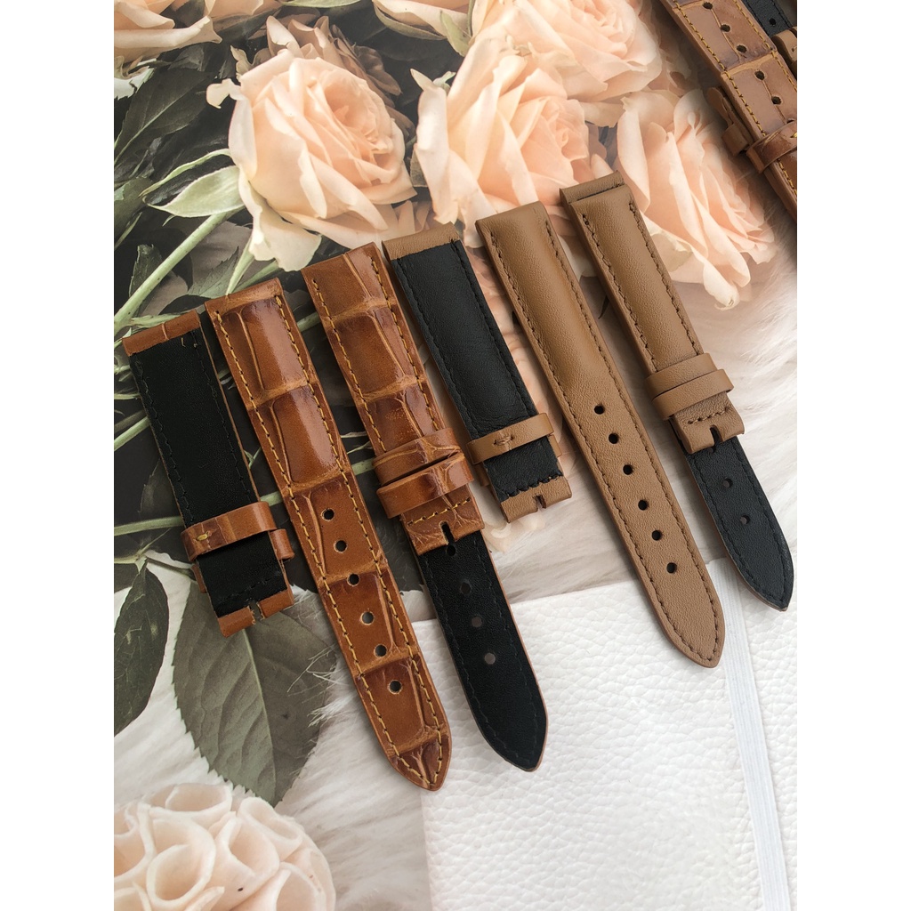 Dây Đồng Hồ Da Bò 100% Màu Nâu Vàng Vân Tặng Kèm Chốt Và Đồ Thay Dây