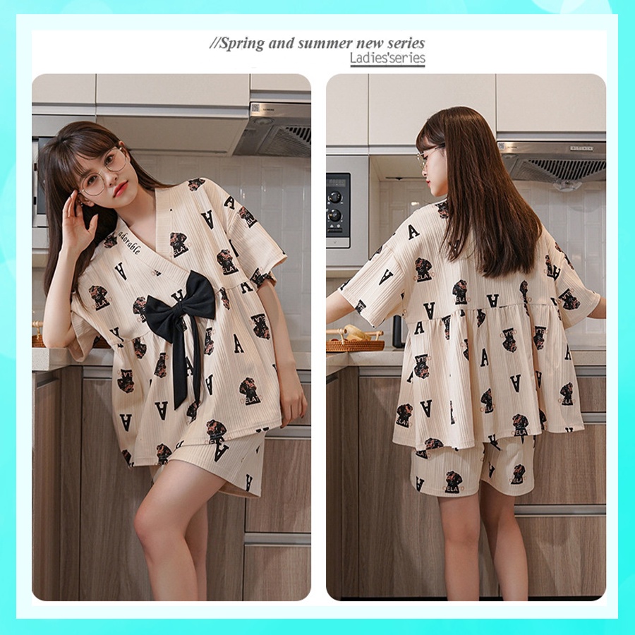 Đồ ngủ kimono tiểu thư mặc nhà cao cấp tay cộc quần cộc chất cotton gân tăm mềm mịn BCC21