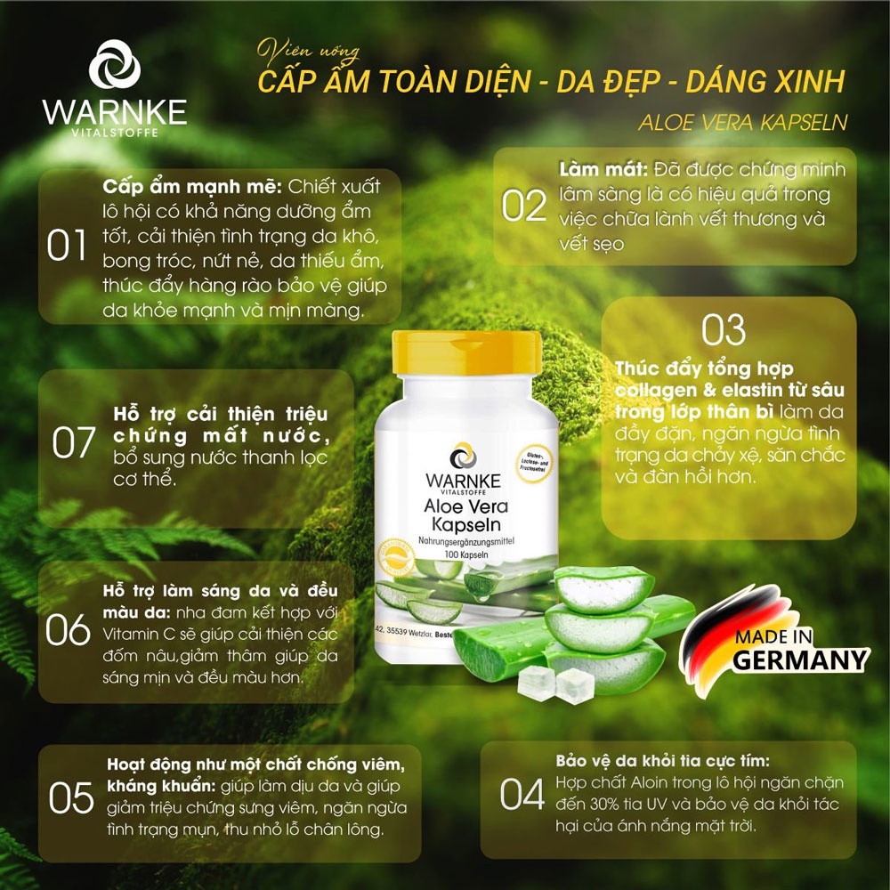 Viên uống cấp ẩm cho da Warnke Aloe Vera Kapseln chiết xuất từ lô hội 100 viên