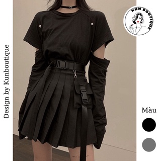 🛍 (SẴN CV ĐEN SIZE XL) 🛍 Set đồ nữ cá tính - Áo thun dài tay cut-out - Chân váy xếp ly ngắn có túi kèm dây đai (Ms D16)