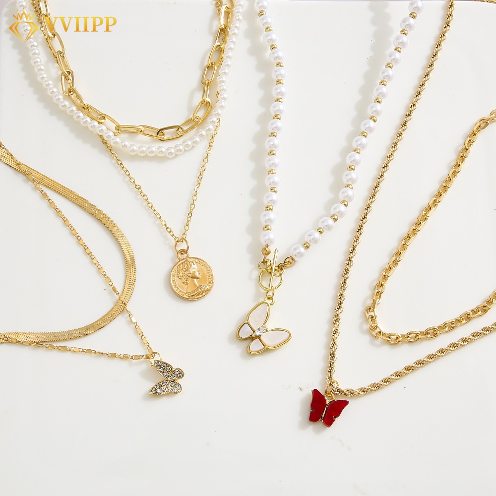 Vòng cổ nhiều lớp mặt hình trái tim/ngôi sao/trái tim/ngọc trai thời trang cho nữ