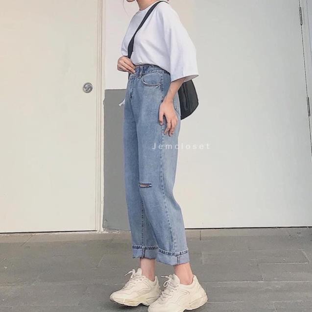 Set áo trơn trắng + bò baggy rách