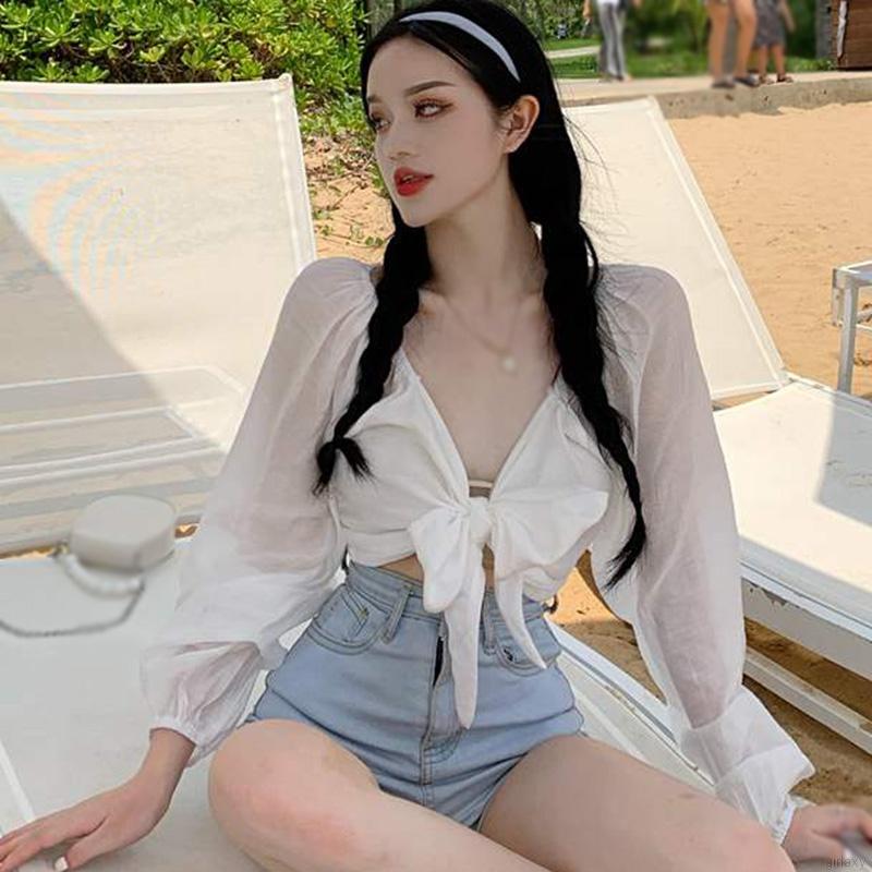 Korean Puff Sleeve Shirts Solid Color Crop Tops V-neck Navel Knotted Long Sleeve Sexy Shirts