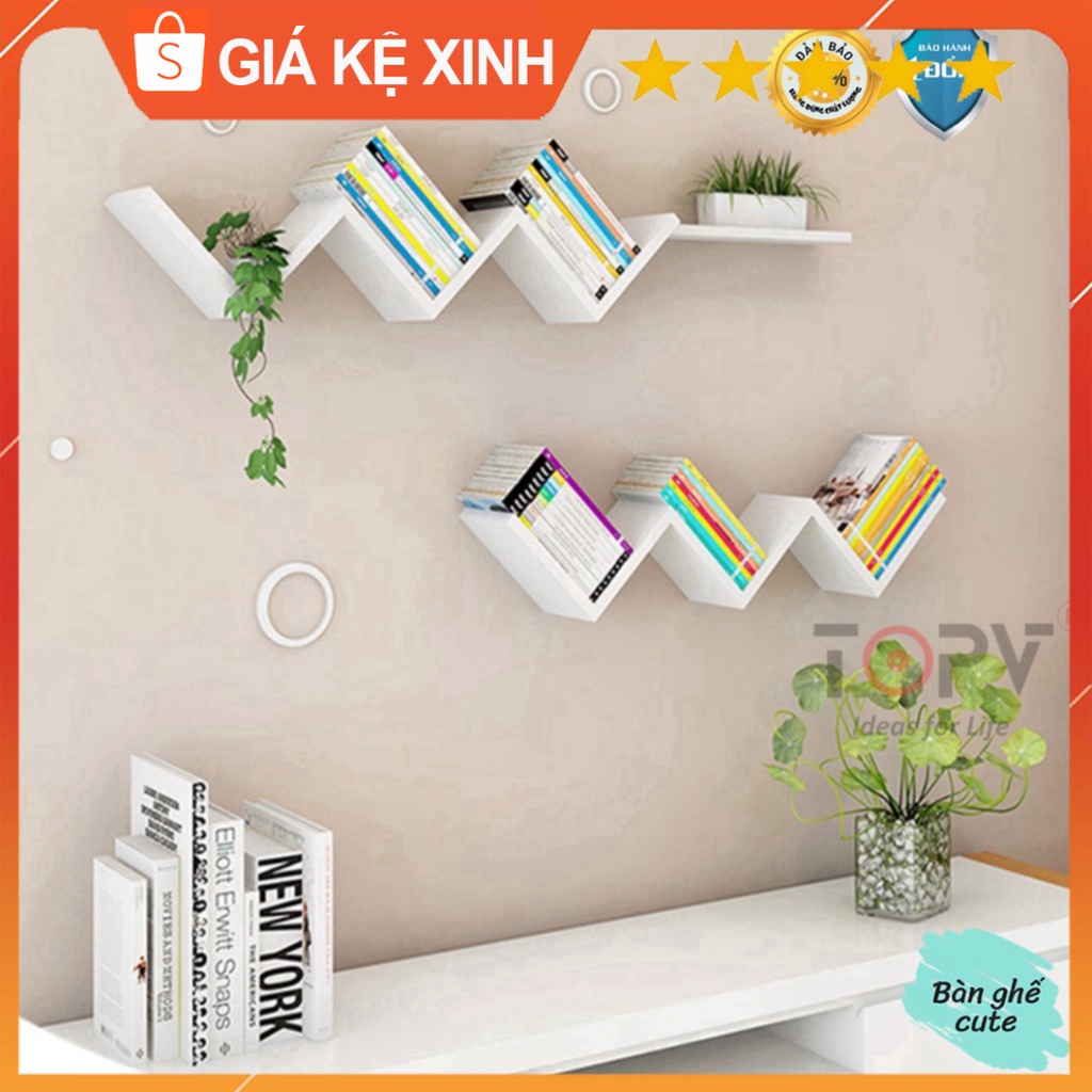 Kệ sách gỗ ziczac TopV giá treo tường tủ để đựng đỡ kê vở cho bé decor nhỏ mini giá rẻ 3 màu trắng, vân, đen