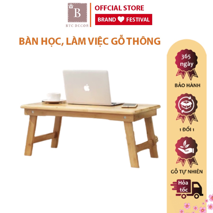 Bàn Học Gấp Gọn Chất Liệu Gỗ Thông Cao Cấp BTC DECOR – Bàn Gỗ Đa Năng Chân Xếp - Chống Mối Mọt - Bảo Hành 1 Năm