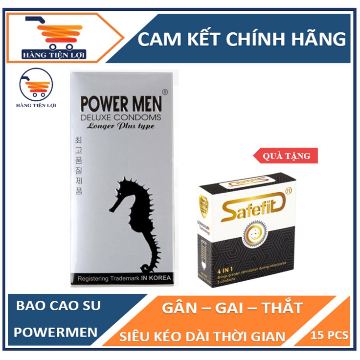 Bao cao su gân gai siêu kéo dài thời gian Powermen deluxe 12pcs -tặng BCS Safefit 4in1 3chiêc