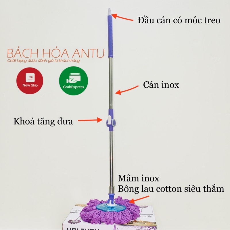 Cây lau nhà inox 360 độ Thái Lan + Kèm bông lau nhà (Màu ngẫu nhiên) Cao cấp