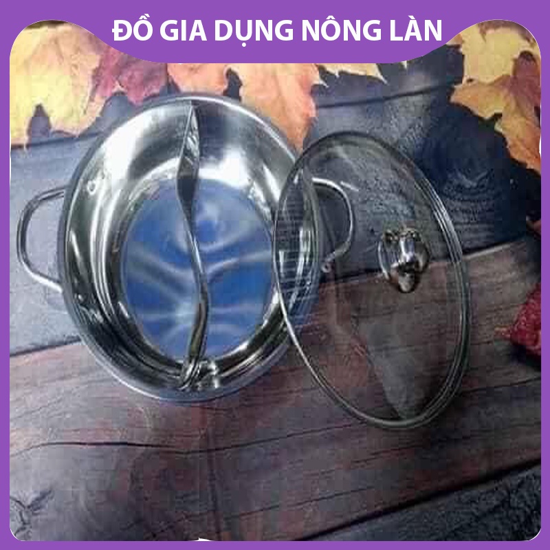 Nồi lẩu 2 ngăn inox NL Shop nấu được bếp từ sáng bóng kèm nắp kính