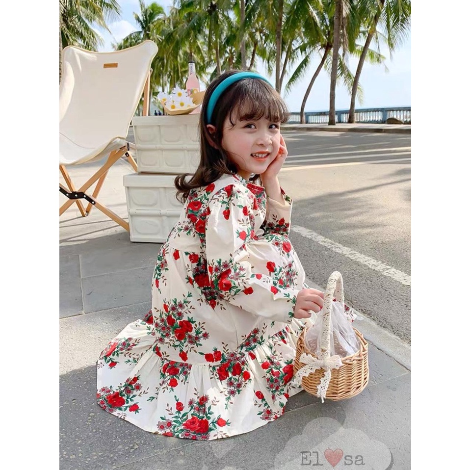 Váy Hoa Hồng Dài Tay Thu Đông Babydoll Bánh Bèo Siêu Xinh Cho Bé 9-25kg