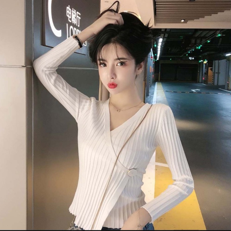 Áo dệt kim vạt chéo dài tay dáng ôm thời trang