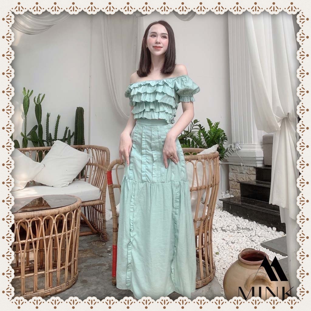 [HÀNG THIẾT KẾ] Set Áo Trễ Vai Tầng + Chân Váy Maxi - Chất Liệu Thô Tơ nhập khẩu - Màu Xanh Ngọc | BigBuy360 - bigbuy360.vn