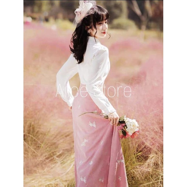 Đầm tiểu thư sơmi trắng kem - váy nhung hồng thiêu hoa cao cấp