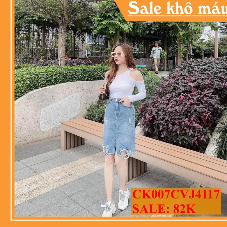 Chân váy Jeans nữ lưng cao công sở rách 4117 CHIBEST CK007CVJ4117