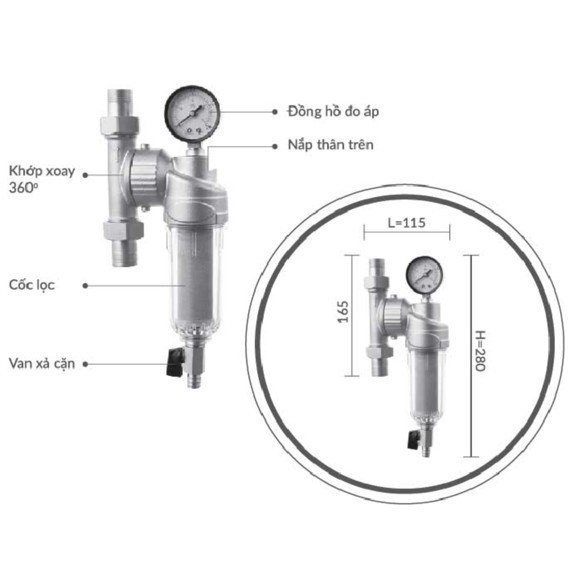 lọc nước sinh hoạt cốc lọc thô đầu nguồn VS-1101 Chất Liệu Đồng cao cấp cổ xoay360 độ đa năng lõi lọc thép