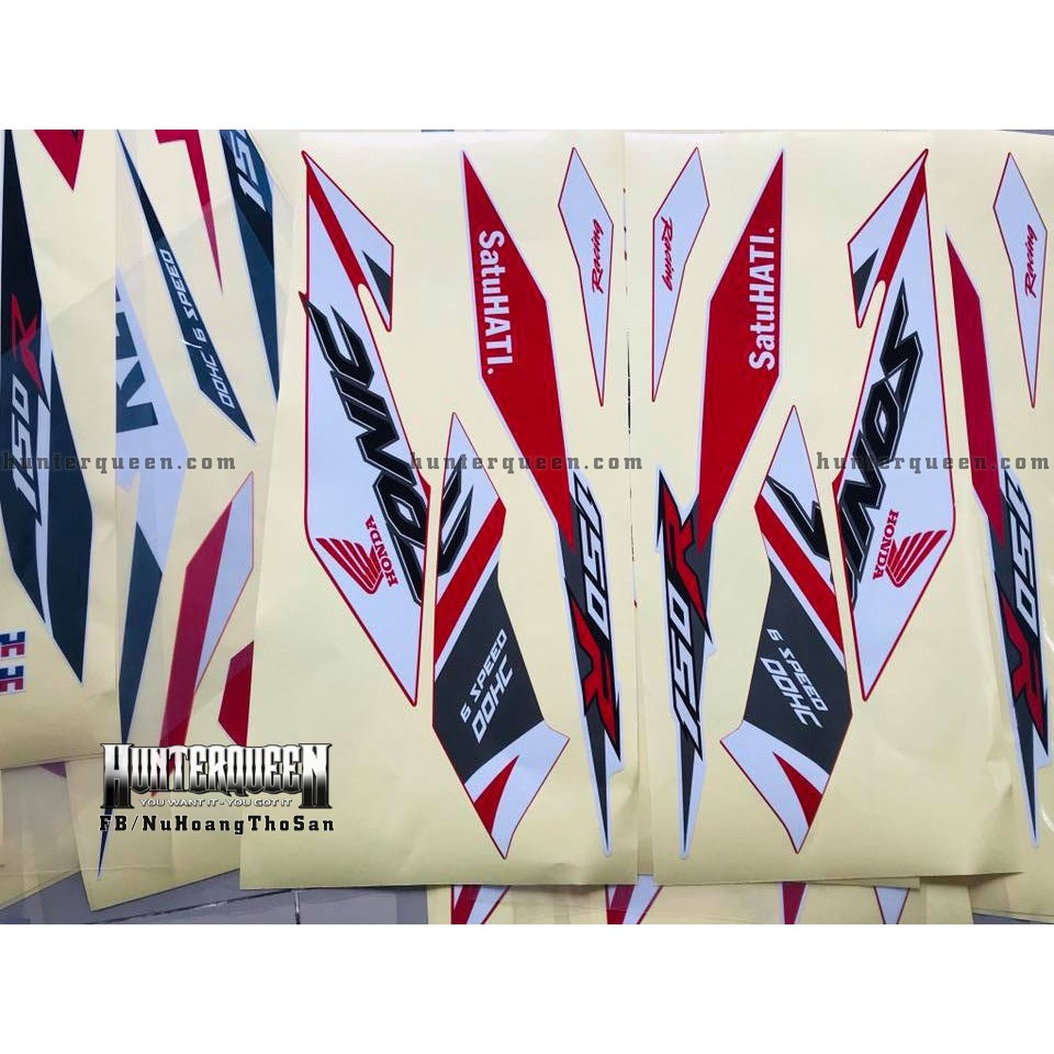 Tem in UV cao cấp. Sonic 150 đỏ trắng zin. Decal tem xe ép nhiệt kích thước chuẩn. Chất lượng, sắc nét, không bay màu.