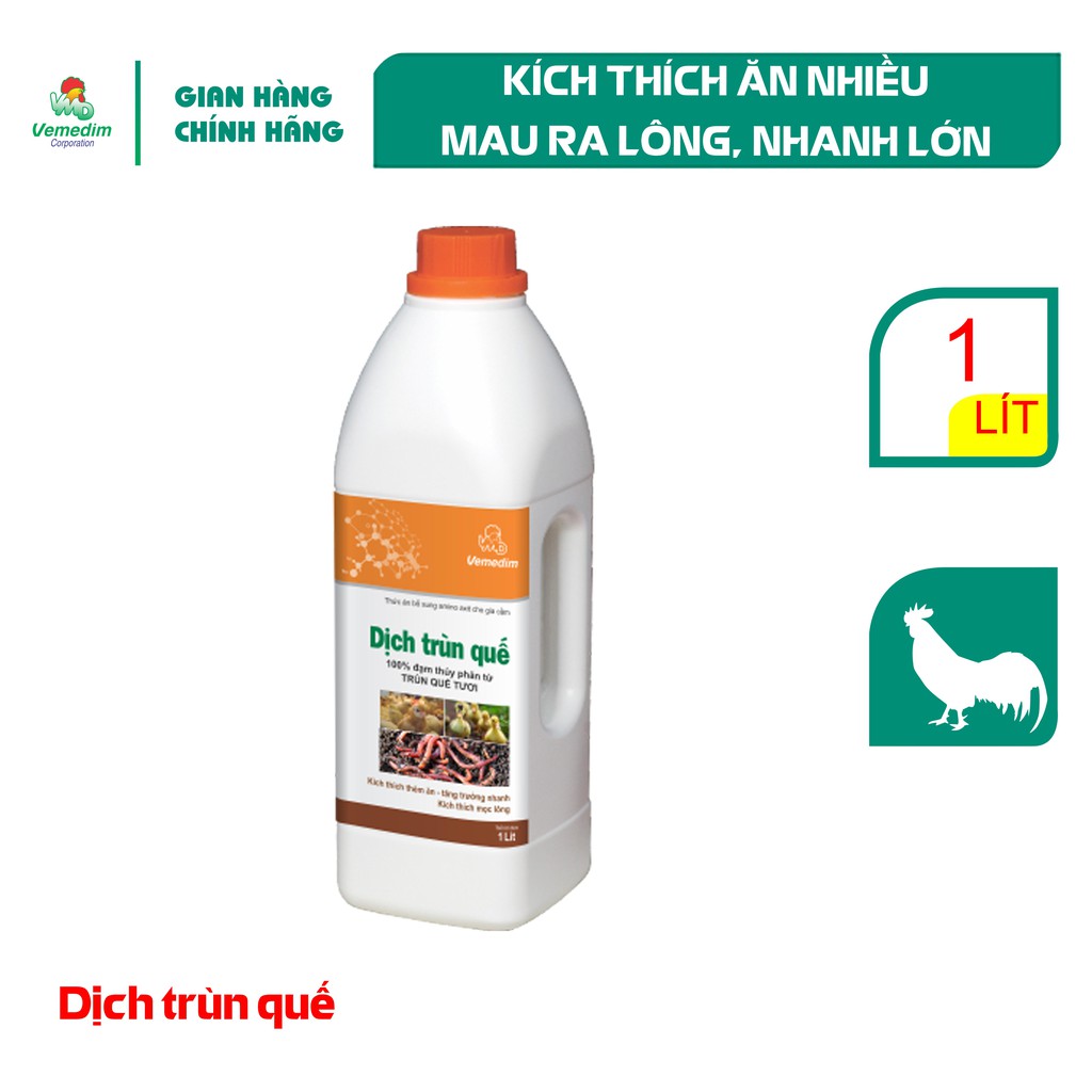 Vemedim Dịch trùn quế bổ sung đạm và lysine kích thích ăn nhiều, mau lớn cho gia cầm, chai 1lit