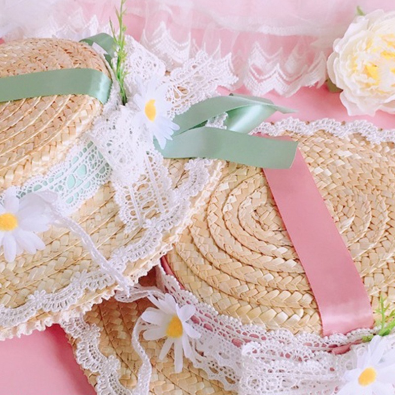 Mũ Cói Chống Nắng Đính Nơ Ren Hoa Phong Cách Lolita Xinh Xắn