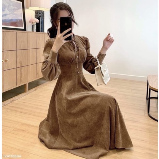 Váy thiết kế cho nữ chất nhung tăm cổ nơ màu nâu tây tiểu thư mềm mịn Mẫu mới 2022 | BigBuy360 - bigbuy360.vn