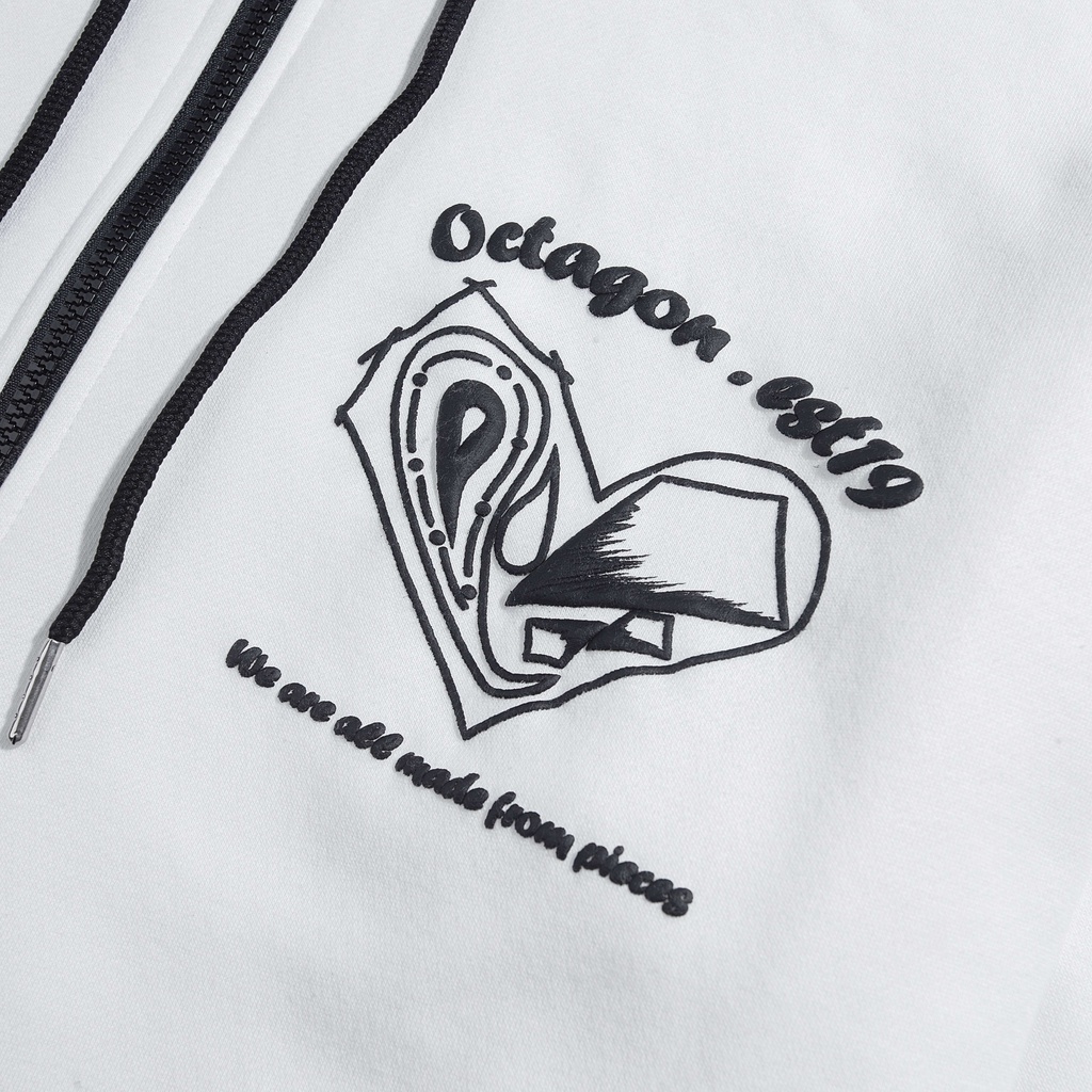 OCTAGON - Áo hoodie unisex HEART PIECES ZIP HOODIE TRẮNG vải nỉ bông có nón dày dặn