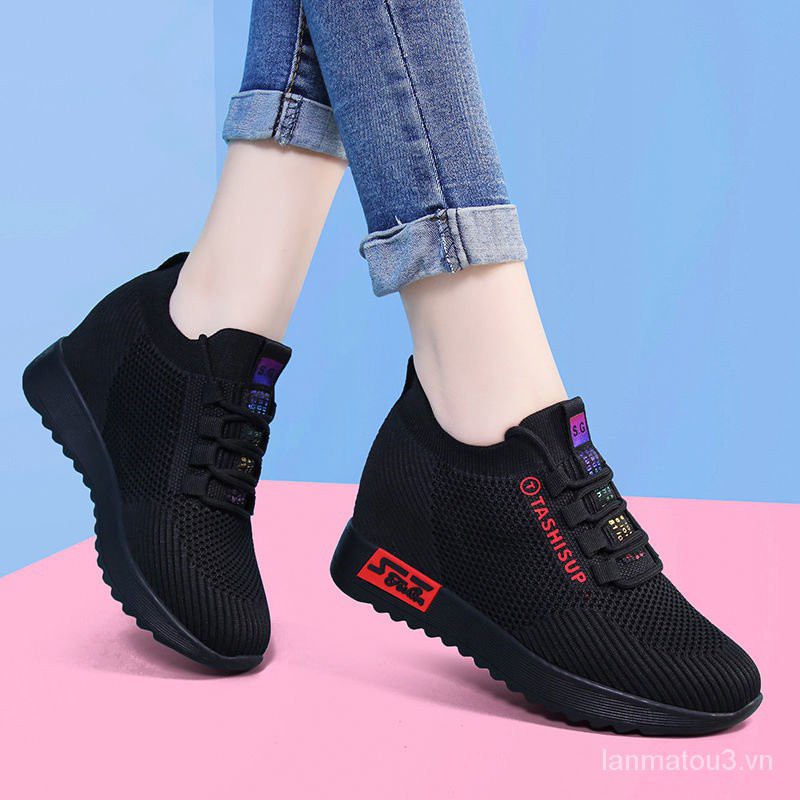 Height Increasing Insole Women's Shoes Spring and Summer2020New Versatile Casual Travel Shoes Platform Black Breathable Sneakers for Women