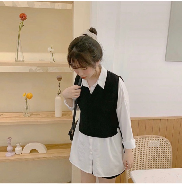 Her Set - Áo sơ mi trắng mix gille xinh chuẩn style hàn xẻng ulzzang - chất vải kate dày dặn from suông rộng