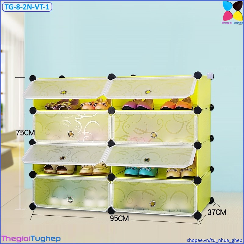 Tủ giầy nhựa lắp ghép 8 ô, 2 cột 4 tầng, có cửa, để được 16 đôi giày (màu: Đen vân, Vàng trơn, Xanh dương, Hồng phấn)