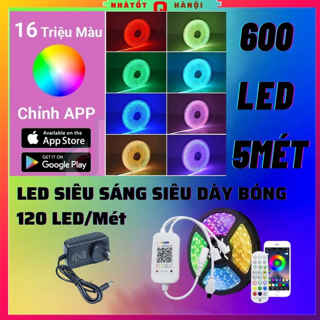 Đèn led trang trí quay tiktok Siêu Sáng 600 led/5m 5050 Cảm âm nháy theo nhạc điều khiển app + Remote tặng Kèm Nguồn