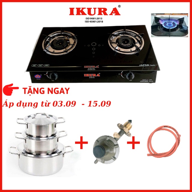 Bếp Gas IKURA IV-5880 Tặng Bộ 3 Nồi Inox Cao Cấp + Van Điều Áp Tự Động và 1,5m Dây gas