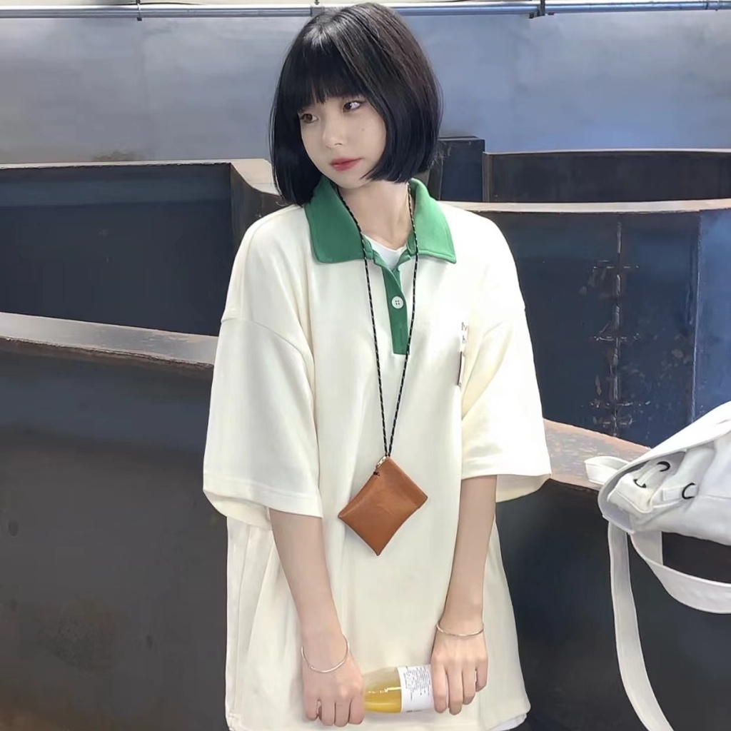 OFF-WHITE Áo Thun Tay Ngắn Dáng Rộng Cổ Polo Màu Sắc Tương Phản Phong Cách Retro Dành Cho Nữ