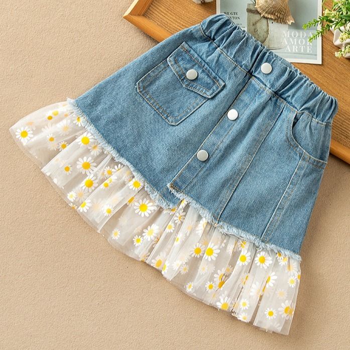 Mới Chân Váy Denim Họa Tiết Hoa Cúc Thời Trang 2022 Cho Bé Gái
