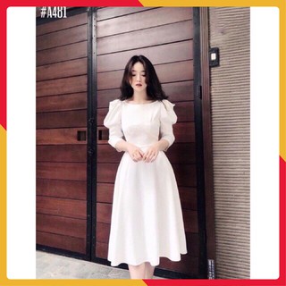 Đầm Midi Trắng Tay Phồng