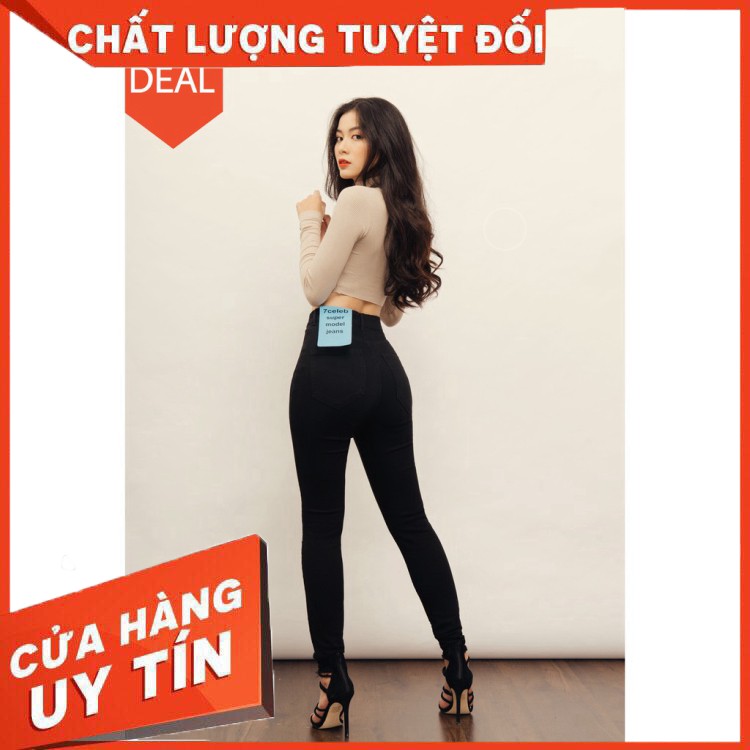 Quần jean nữ màu đen lưng cao skinny ống dài 7CELEB - Hàng nhập khẩu