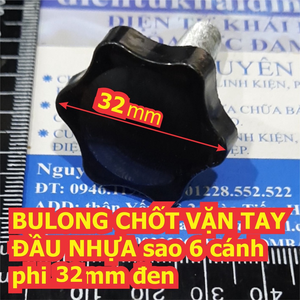 BULONG bu lông CHỐT VẶN TAY ĐẦU NHỰA sao 6 cánh phi 32mm đen M8 8mm dài 10mm ~ 70mm kde6593