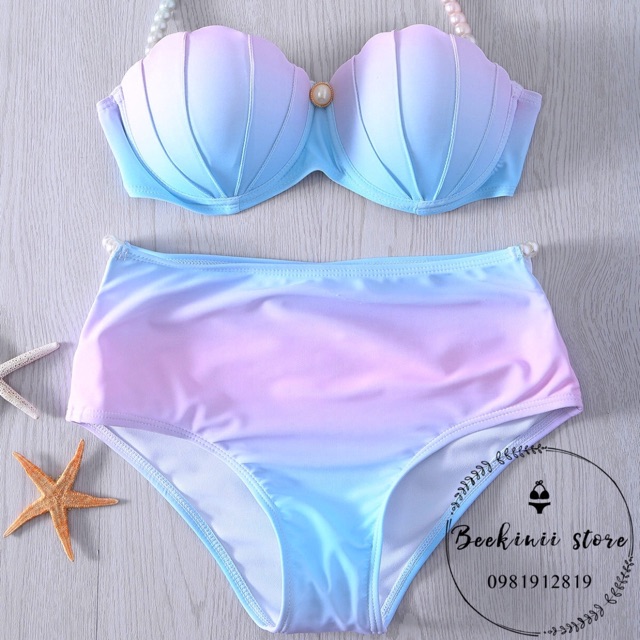 Bikini Cạp Cao Áo Vỏ Sò - Đồ Bơi 2 Mảnh Cạp Cao Nàng Tiên Cá - Bikini Màu Ombre