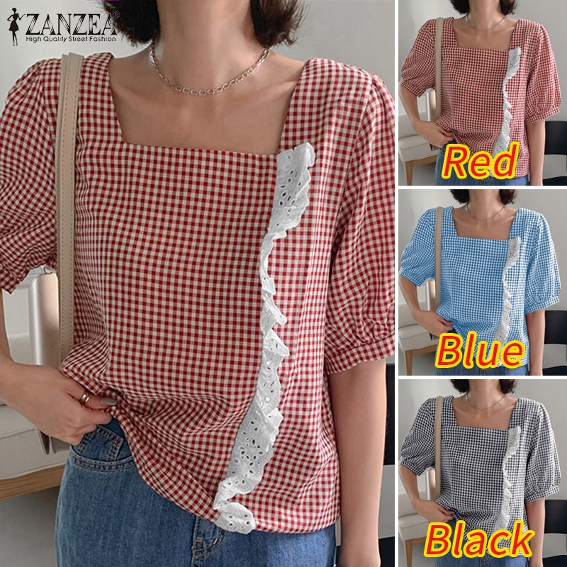 Zanzea Áo Nữ Tay Ngắn Cổ Vuông Phối Ren Thời Trang Hàn Quốc