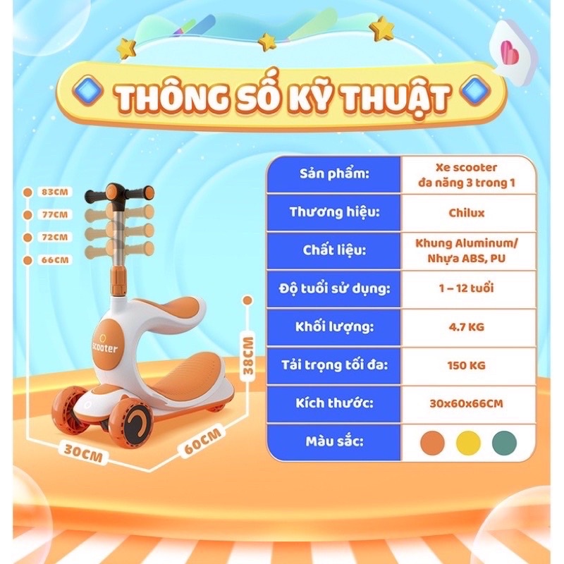 Xe trượt cho bé xe scooter đa năng cao cấp 3in1 cho bé từ 2-9 tuổi