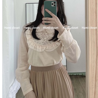 Áo sơ mi cổ tròn viền ren tiểu thư chất voan tơ ánh nhũ hàng chuẩn quảng châu A009