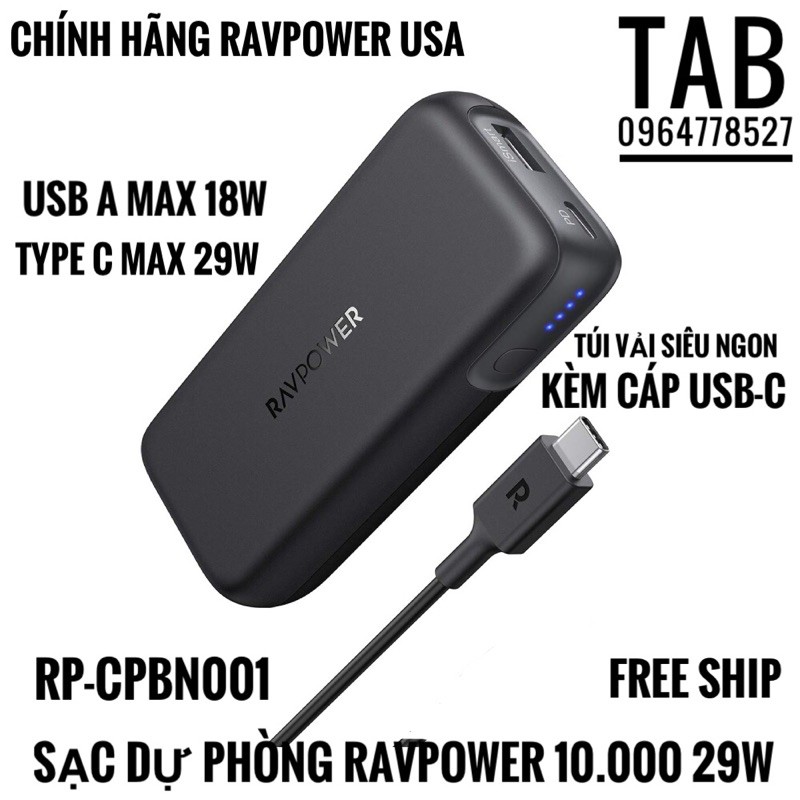 Sạc Dự Phòng RavPower 10.000 29w - Chính Hãng (RP-CPBN001)