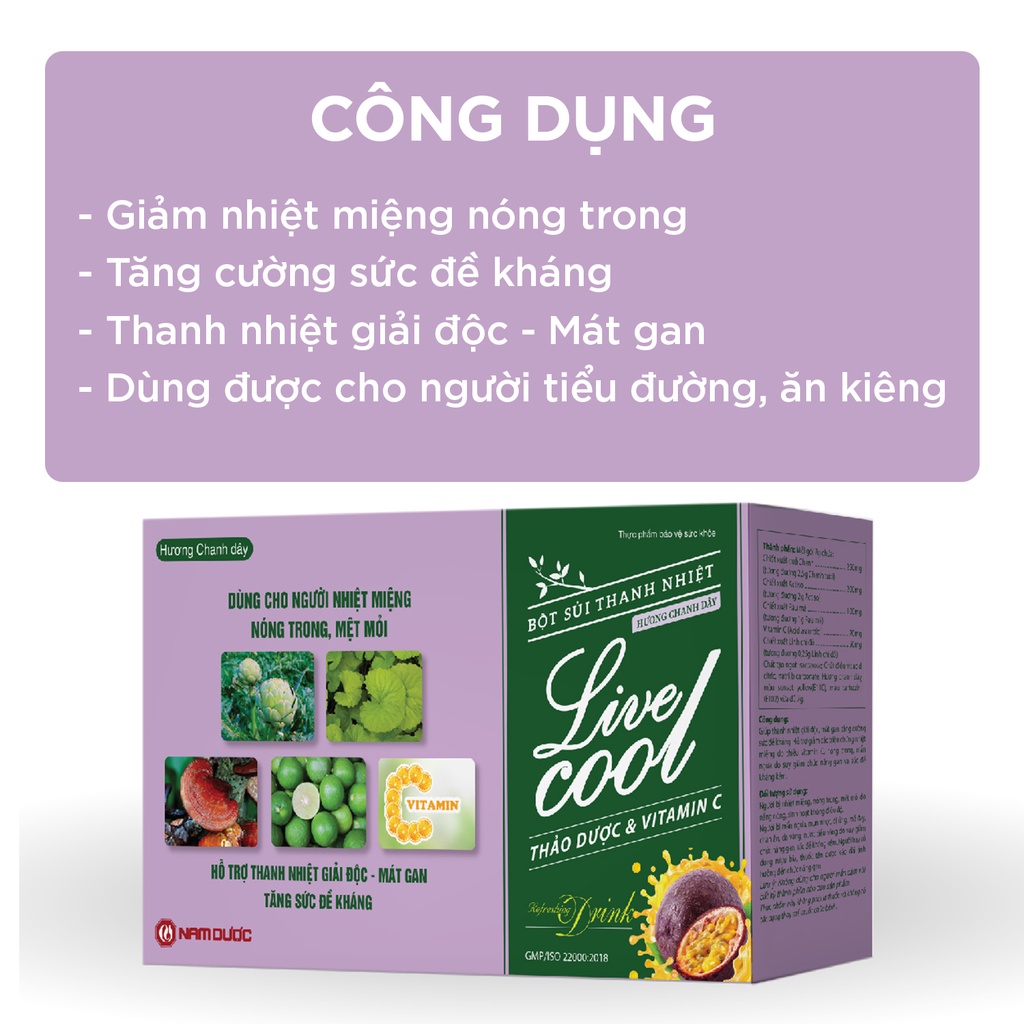 Bột sủi thanh nhiệt Livecool hương chanh dây hộp 10 gói thảo mộc tự nhiên giải độc, mát gan, tăng sức đề kháng