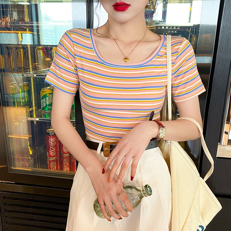 Áo Thun Cotton Cổ Vuông Ngắn Tay Họa Tiết Kẻ Sọc Thời Trang Mùa Hè Hàng Mới Dành Cho Bạn Nữ 2022