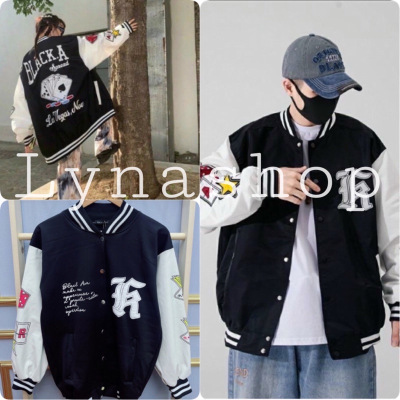 Áo khoác bomber 🍉 áo khoác form rộng dáng unisex nam nữ có khóa bấm thiết kế tay in chữ A, áo jacket cúc bấm siêu xinhhh