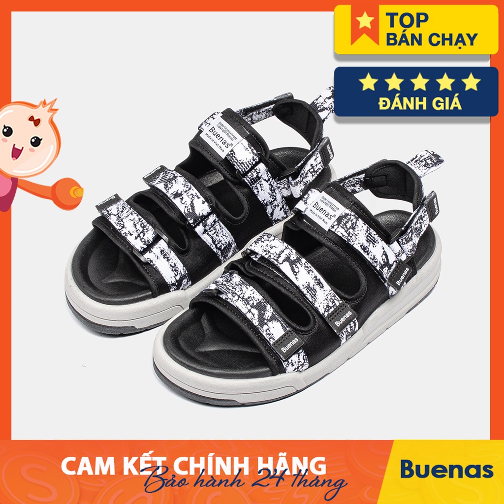 Giày sandal dép nữ nam unisex Buenas SD-7979 quai ngang trắng đen Nasa - xăng đan học sinh đế cao 3 phân chính hãng